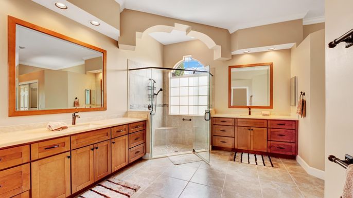 Bathroom, Dual Sink Vanities, Glass Shower, Interior, Recessed Lighting