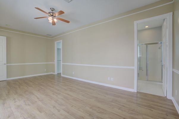Bathroom, Empty room, Glass Shower, Interior, Recessed Lighting, Wood Texture Flooring