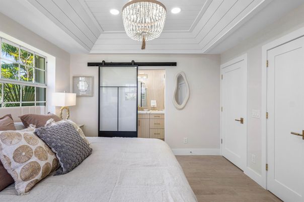 Bedroom, Chandelier, Interior, Recessed Lighting, Wood Texture Flooring