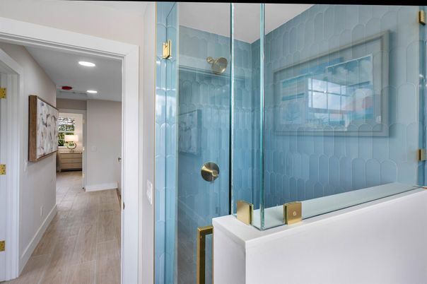 Bathroom, Glass Shower, Interior, Recessed Lighting, Wood Texture Flooring