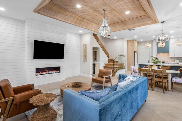 Dining room, Fireplace, Interior, Kitchen, Living room, Pendant Lights, Recessed Lighting, Wooden Ceilings, Wood Texture Flooring