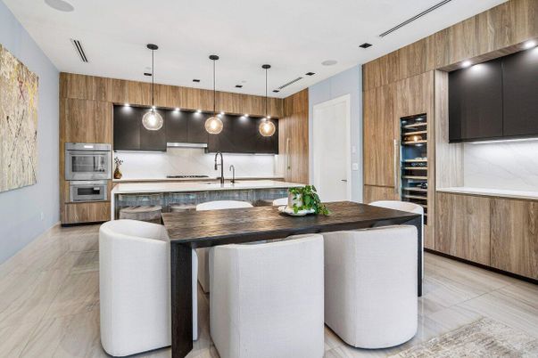 Interior, Kitchen, Marble, Pendant Lights, Recessed Lighting, Stainless Steel Appliances