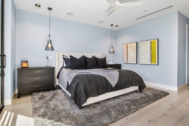 Bedroom, Interior, Pendant Lights, Recessed Lighting, Wood Texture Flooring