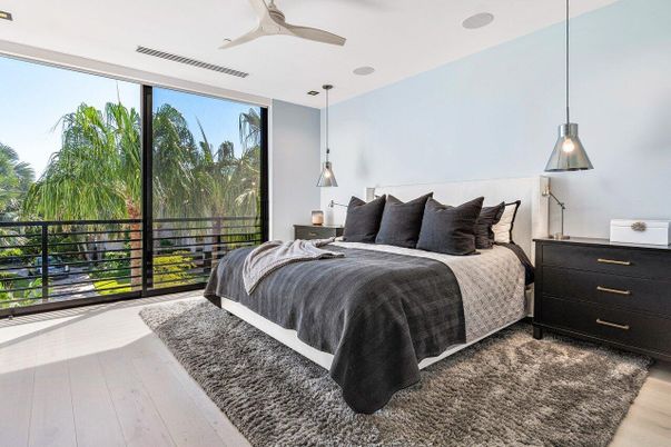 Bedroom, Interior, Pendant Lights, Wood Texture Flooring
