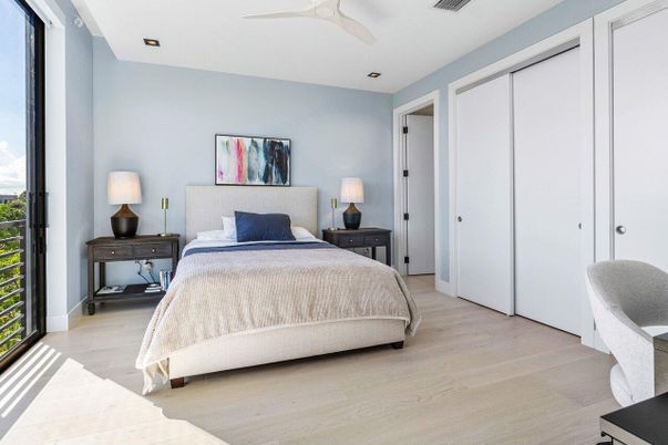 Bedroom, Interior, Recessed Lighting, Wood Texture Flooring