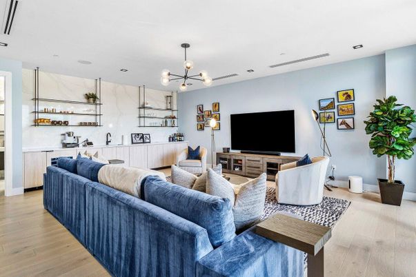 Interior, Living room, Marble Walls, Pendant Lights, Recessed Lighting, Wood Texture Flooring