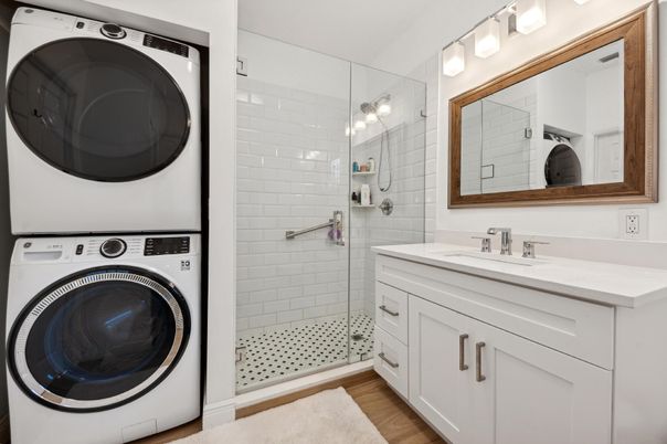 Bathroom, Interior, Washer, Wood Texture Flooring