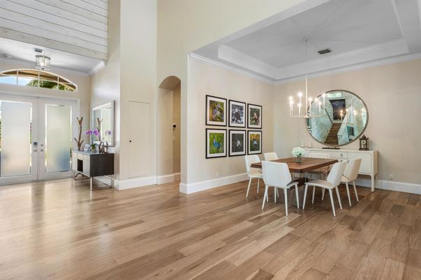 Dining room, Interior, Pendant Lights, Wood Texture Flooring