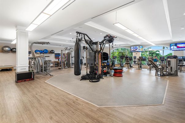 Fitness Equipment, Gym, Interior, Recessed Lighting, Wood Texture Flooring