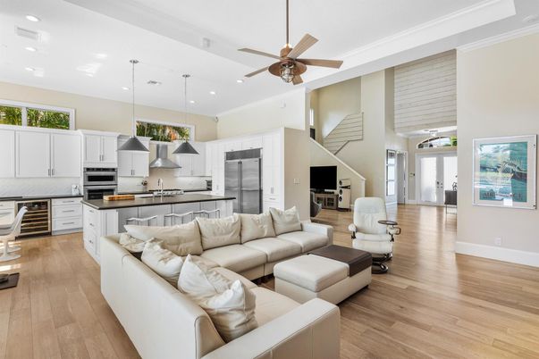 Interior, Kitchen, Living room, Pendant Lights, Recessed Lighting, Stainless Steel Appliances, Wood Texture Flooring