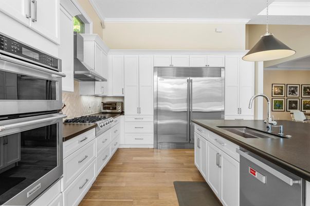 Interior, Kitchen, Pendant Lights, Stainless Steel Appliances, Wood Texture Flooring