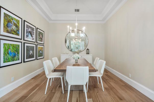 Dining room, Interior, Pendant Lights, Wood Texture Flooring