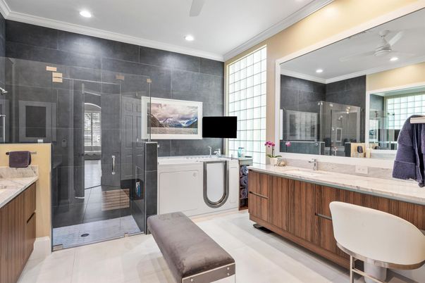 Bathroom, Dual Sink Vanities, Glass Shower, Interior, Recessed Lighting, Washer