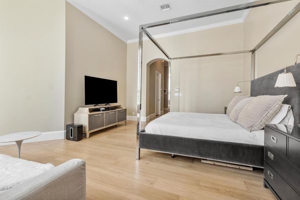 Bedroom, Interior, Recessed Lighting, Wood Texture Flooring