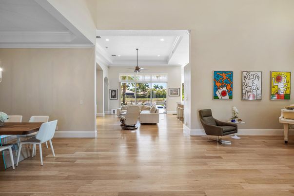 Dining room, Interior, Living room, Pendant Lights, Recessed Lighting, Wood Texture Flooring