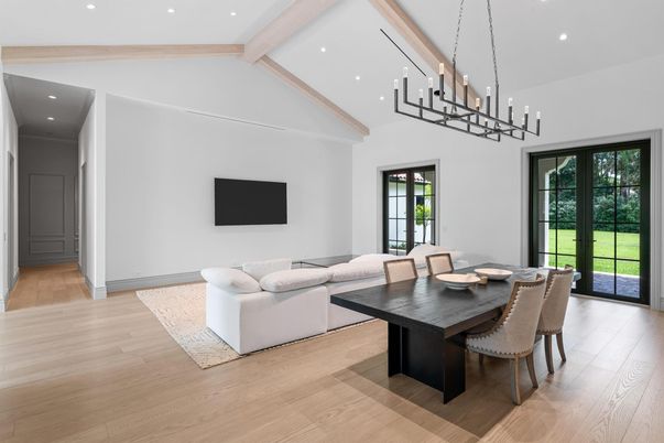 Chandelier, Dining room, Interior, Living room, Recessed Lighting, Wood Texture Flooring