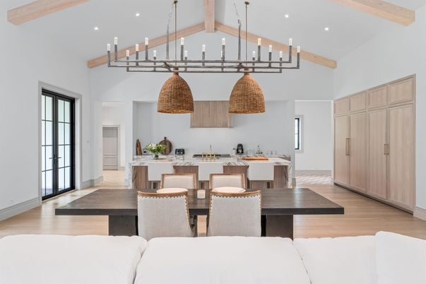Dining room, Interior, Kitchen, Pendant Lights, Recessed Lighting, Wooden Beams, Wood Texture Flooring