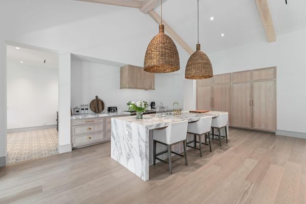 Interior, Kitchen, Pendant Lights, Recessed Lighting, Wooden Beams, Wood Texture Flooring