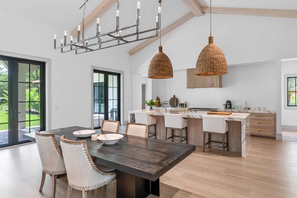 Dining room, Interior, Kitchen, Pendant Lights, Wooden Beams, Wood Texture Flooring