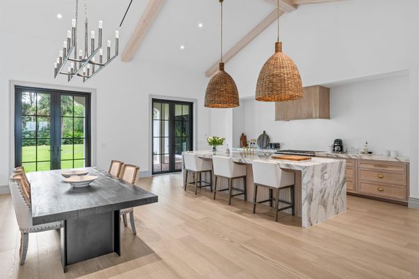 Dining room, Interior, Kitchen, Pendant Lights, Recessed Lighting, Wooden Beams, Wood Texture Flooring