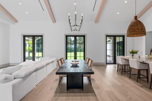 Chandelier, Dining room, Interior, Living room, Pendant Lights, Recessed Lighting, Wooden Beams, Wood Texture Flooring