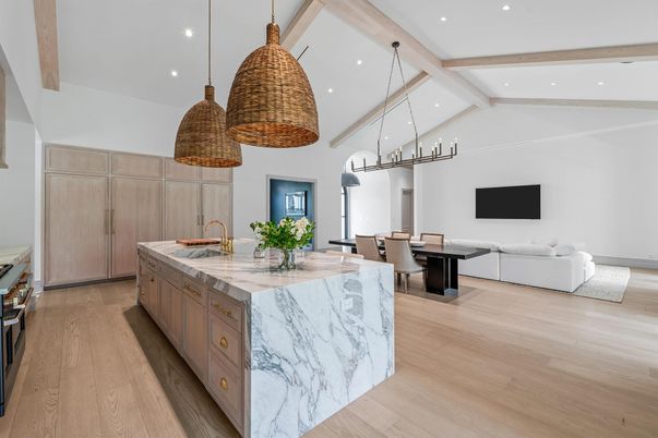 Dining room, Interior, Kitchen, Living room, Pendant Lights, Recessed Lighting, Wooden Beams, Wood Texture Flooring