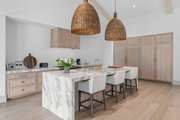 Interior, Kitchen, Pendant Lights, Recessed Lighting, Wooden Beams, Wood Texture Flooring