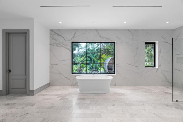 Bathroom, Free Standing Baths, Interior, Marble, Marble Walls, Recessed Lighting