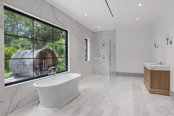 Bathroom, Free Standing Baths, Glass Shower, Interior, Marble, Marble Walls, Recessed Lighting