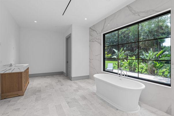 Bathroom, Free Standing Baths, Interior, Marble, Marble Walls, Recessed Lighting