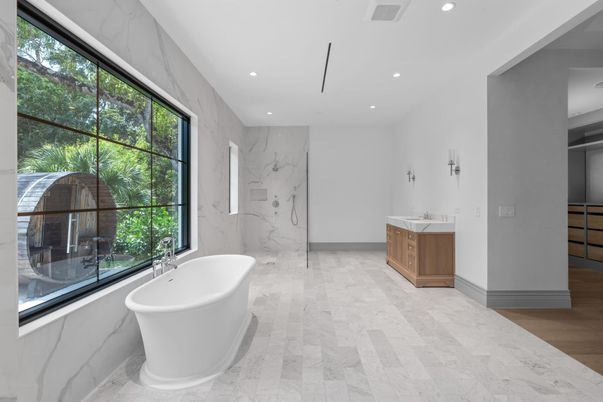 Bathroom, Free Standing Baths, Interior, Marble, Marble Walls, Recessed Lighting