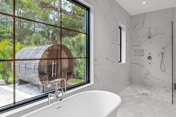 Bathroom, Free Standing Baths, Glass Shower, Interior, Marble Walls, Recessed Lighting