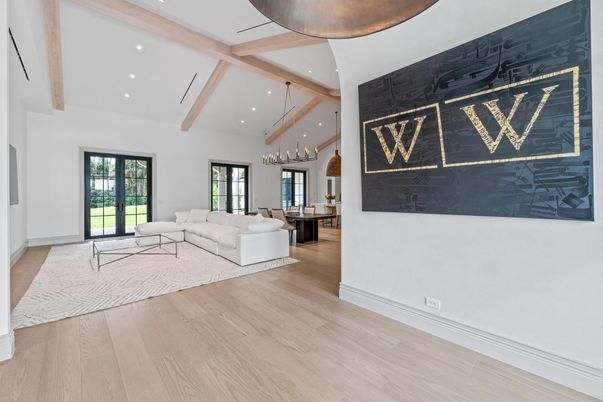 Dining room, Interior, Living room, Pendant Lights, Recessed Lighting, Wooden Beams, Wood Texture Flooring