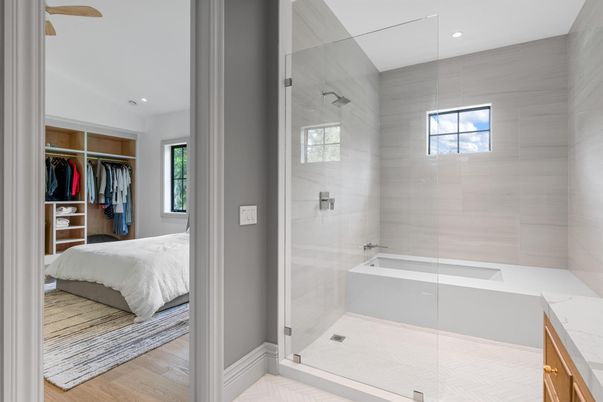 Bathroom, Bedroom, Glass Shower, Interior, Recessed Lighting, Wood Texture Flooring