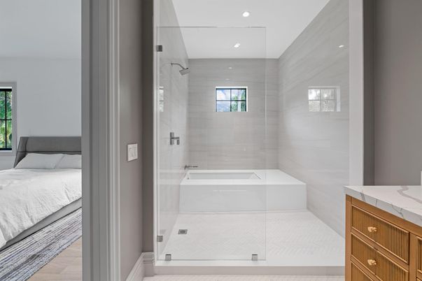 Bathroom, Bedroom, Glass Shower, Interior, Recessed Lighting, Wood Texture Flooring