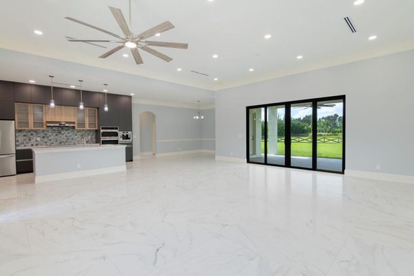 Empty room, Interior, Kitchen, Marble, Pendant Lights, Recessed Lighting, Stainless Steel Appliances