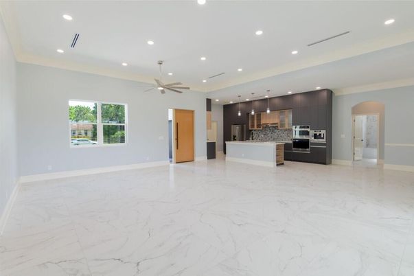 Interior, Kitchen, Marble, Pendant Lights, Recessed Lighting, Stainless Steel Appliances