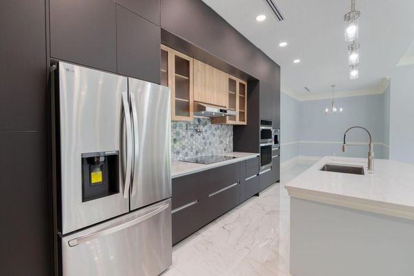 Interior, Kitchen, Marble, Pendant Lights, Recessed Lighting, Stainless Steel Appliances