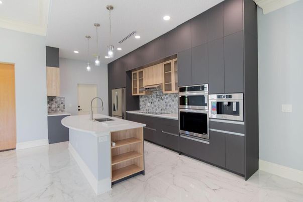 Interior, Kitchen, Marble, Pendant Lights, Recessed Lighting, Stainless Steel Appliances