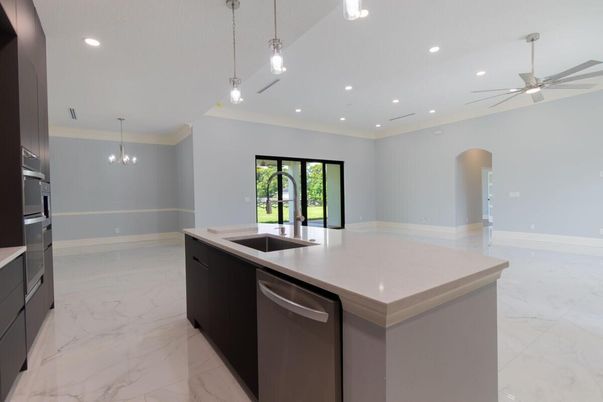 Interior, Kitchen, Marble, Pendant Lights, Recessed Lighting, Stainless Steel Appliances