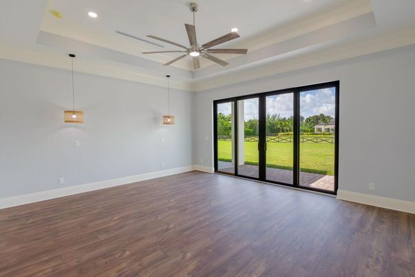 Empty room, Interior, Pendant Lights, Recessed Lighting, Wood Texture Flooring