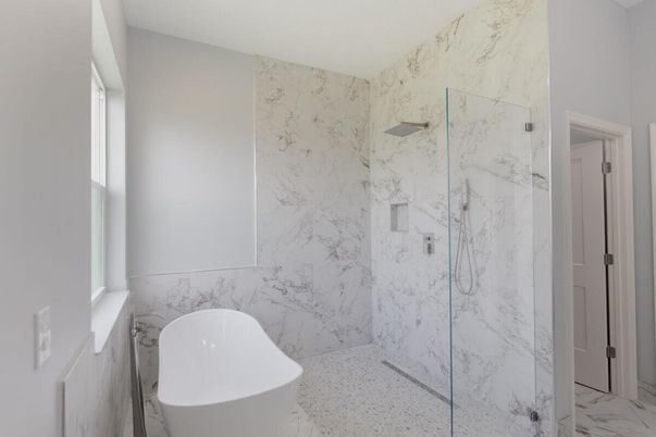 Bathroom, Free Standing Baths, Glass Shower, Interior, Marble, Marble Walls