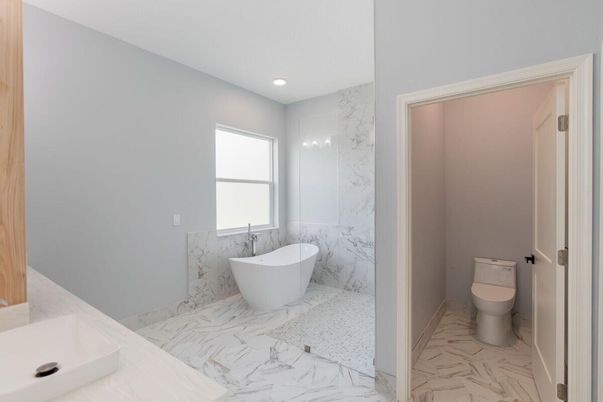 Bathroom, Free Standing Baths, Interior, Marble, Marble Walls, Recessed Lighting