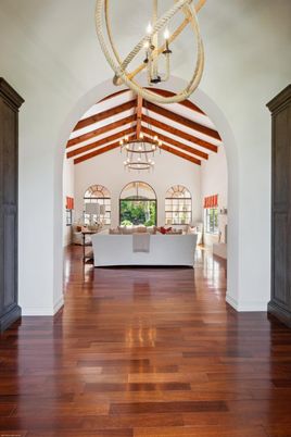 Chandelier, Interior, Living room, Pendant Lights, Wooden Beams, Wood Texture Flooring