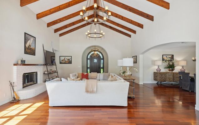 Chandelier, Fireplace, Interior, Living room, Wooden Beams, Wood Texture Flooring