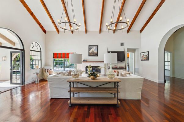 Chandelier, Fireplace, Interior, Living room, Pendant Lights, Wooden Beams, Wood Texture Flooring
