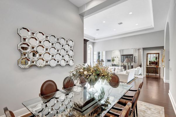 Dining room, Interior, Living room, Recessed Lighting, Wood Texture Flooring
