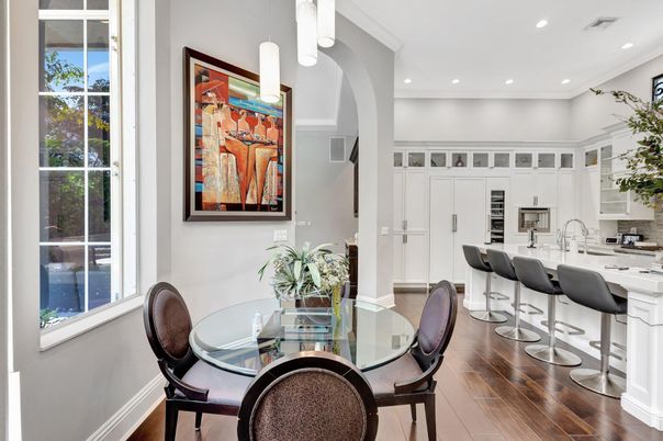 Dining room, Interior, Kitchen, Pendant Lights, Recessed Lighting, Wood Texture Flooring
