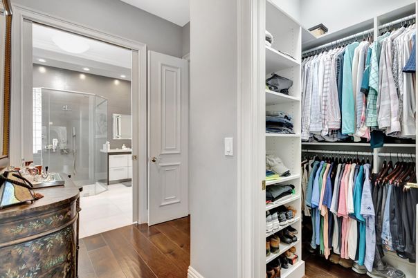 Bathroom, Glass Shower, Interior, Recessed Lighting, Walk-in Closets, Wood Texture Flooring