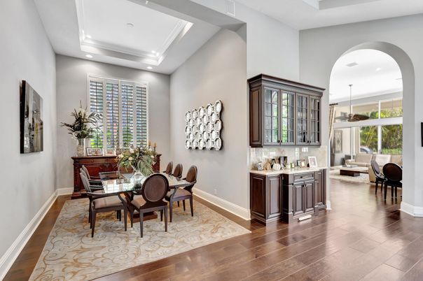 Dining room, Interior, Pendant Lights, Recessed Lighting, Wood Texture Flooring